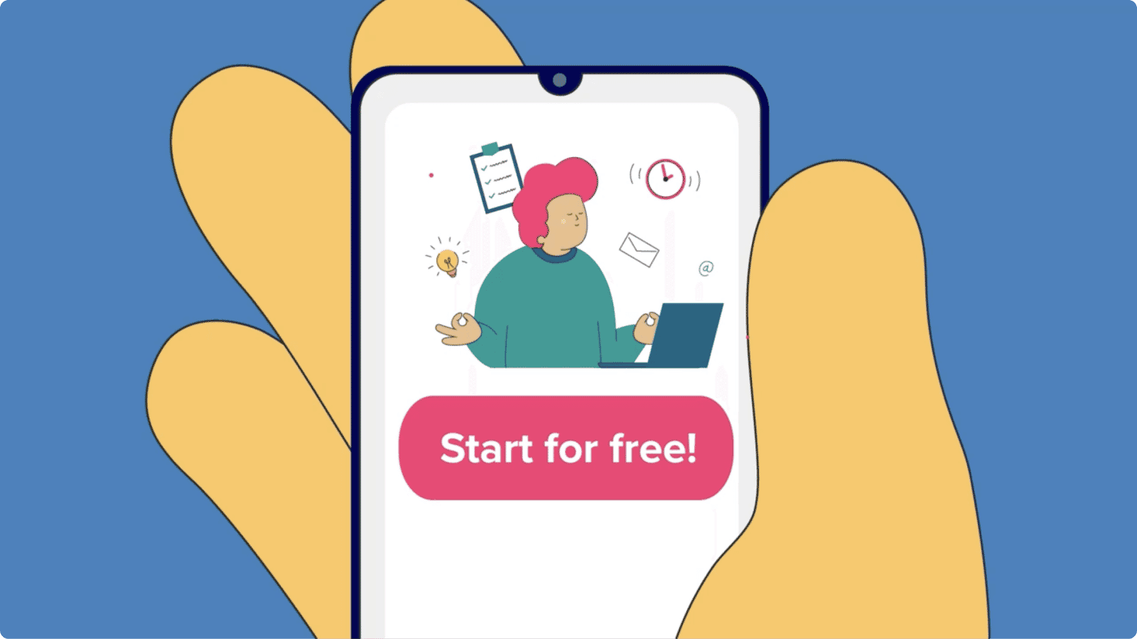 Illustration of a hand holding a phone with F4S start for free screen on the phone