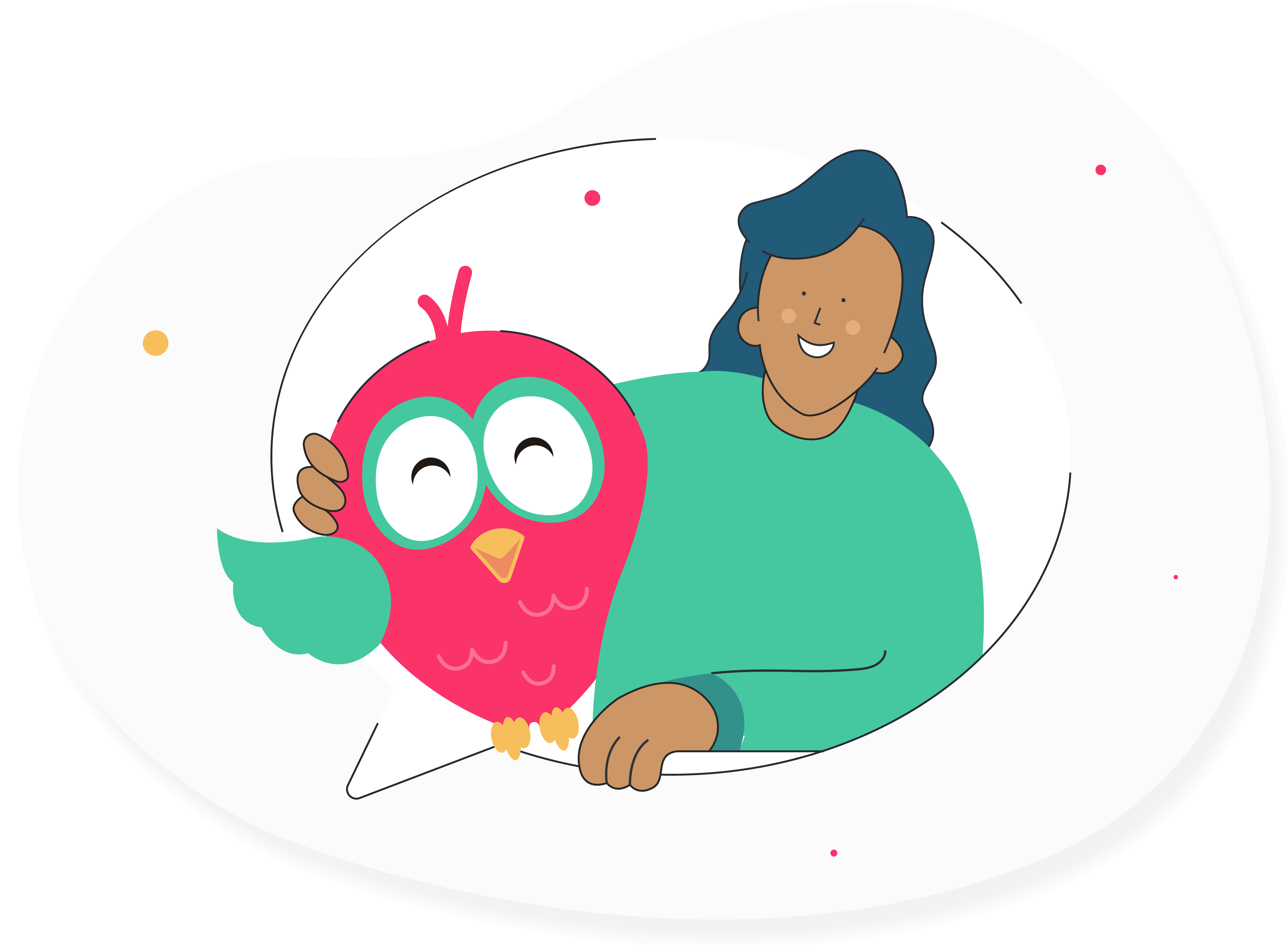 AI Coach Marlee, an owl, hugging a woman who is happy about her progress