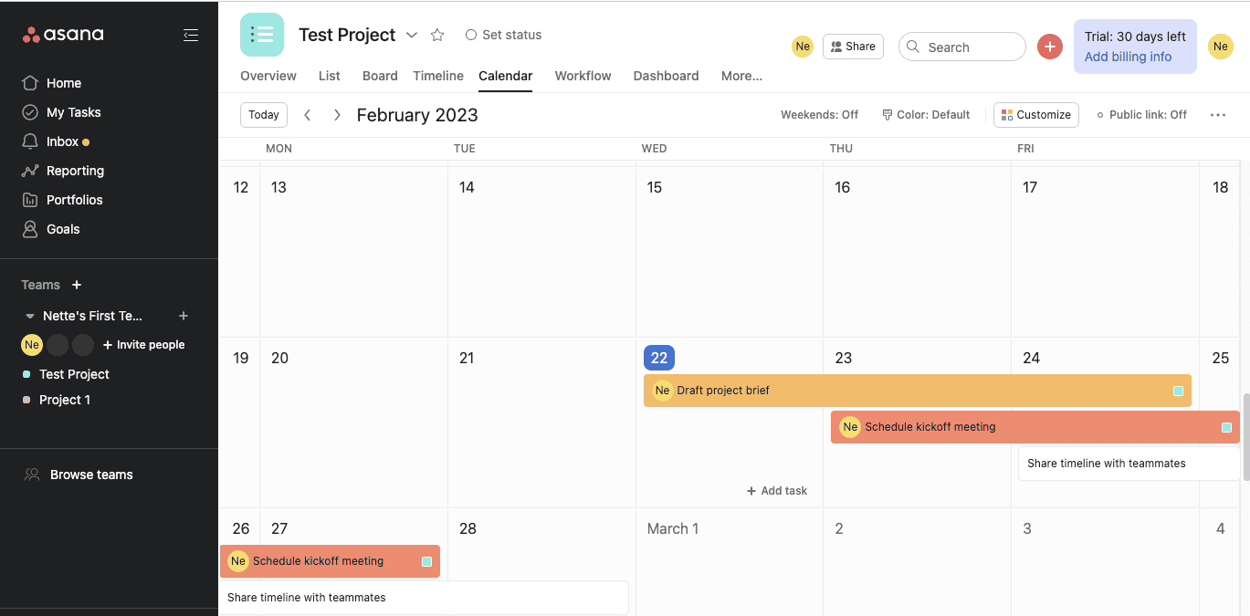 use calendar with asana project management software