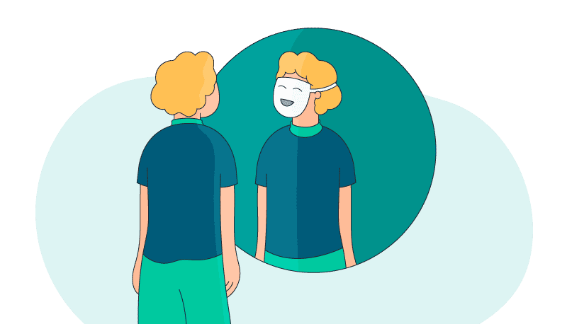 a person looking in the mirror sees themselves wearing a mask, showing poor EQ