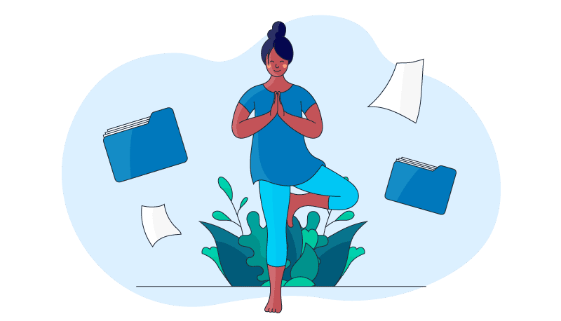 a woman in a yoga pose with a plant and files around her balancing her mental, physical, and work goals related to her life planning