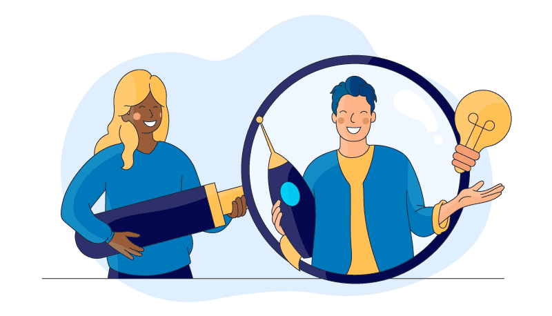 a woman holding up a giant magnifying glass over a colleague to understand communication barriers related to perception  