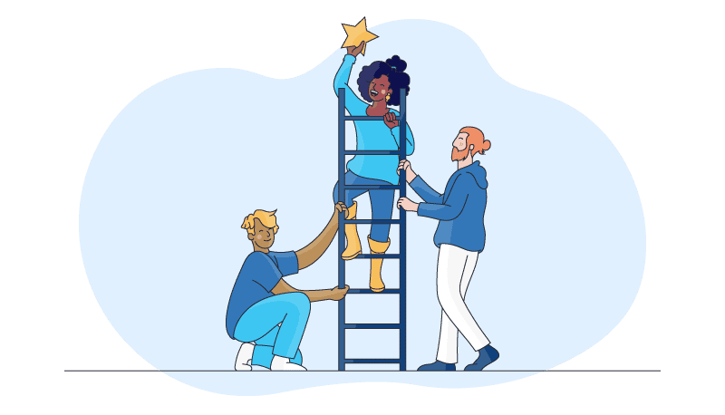Two team members hold a ladder for their colleague to reach for the starts shows they value shared responsibility as part of their cultural fit
