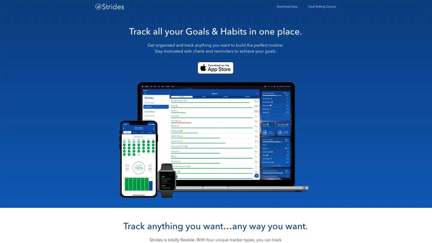 strides goal setting app home page