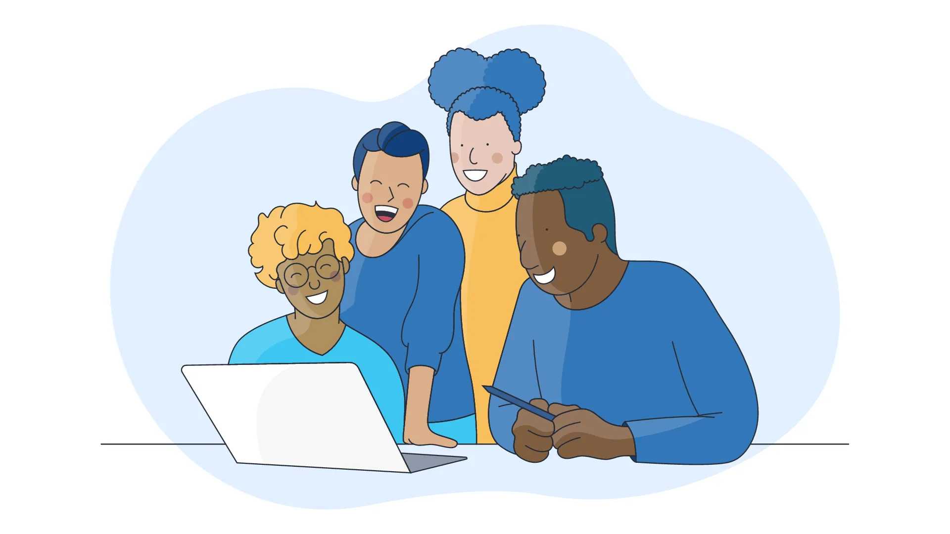 a team smiling around a computer using goal setting app F4S