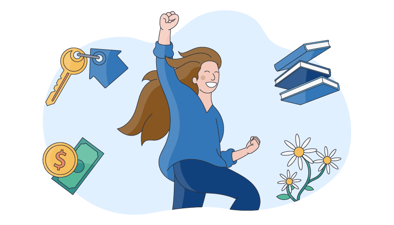 a woman with her arm raised with excitement from achieving her goals in career planning