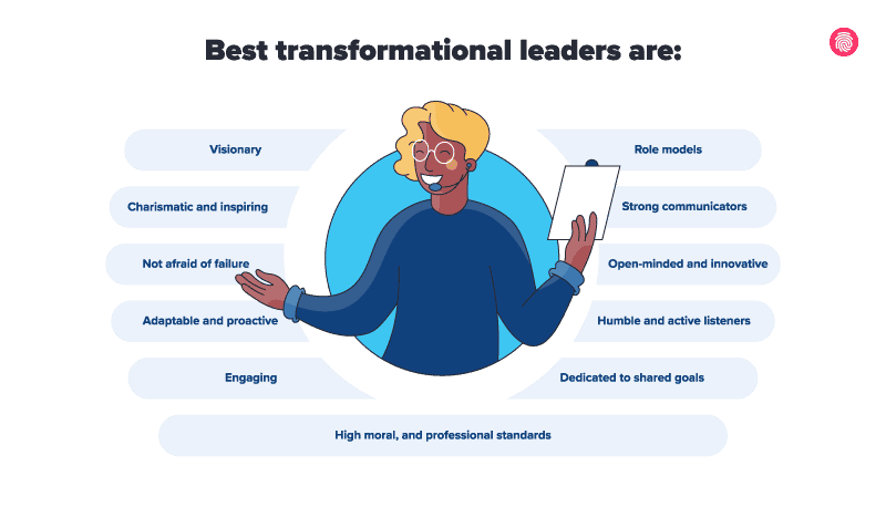 a person with a microphone smiling with open arms showing the transformational leadership traits 